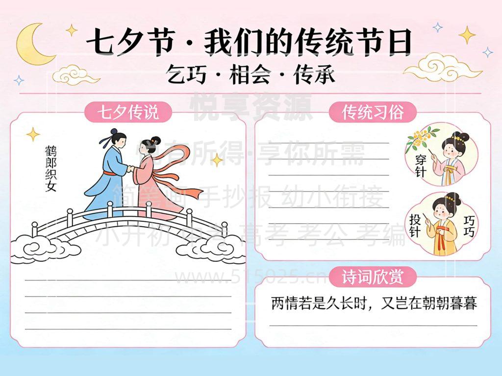图片[1]-七夕节 我们的传统节日 儿童校园手抄报模板 小学必备 可直接打印