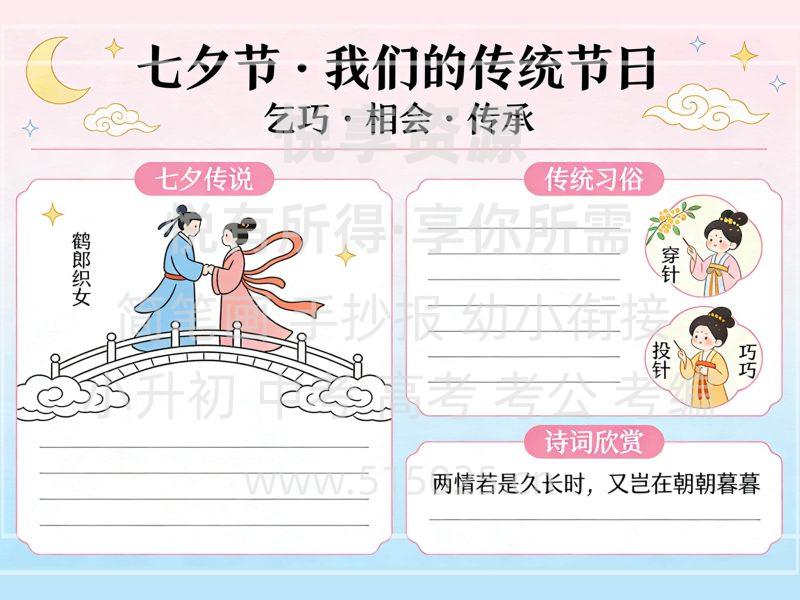 七夕节 我们的传统节日 儿童校园手抄报模板 小学必备 可直接打印-悦享资源