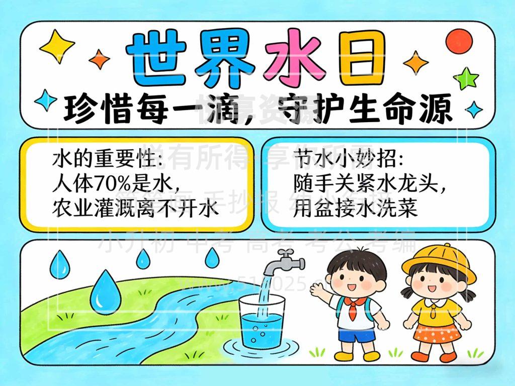图片[1]-世界水日 儿童校园手抄报模板 小学必备 可直接打印