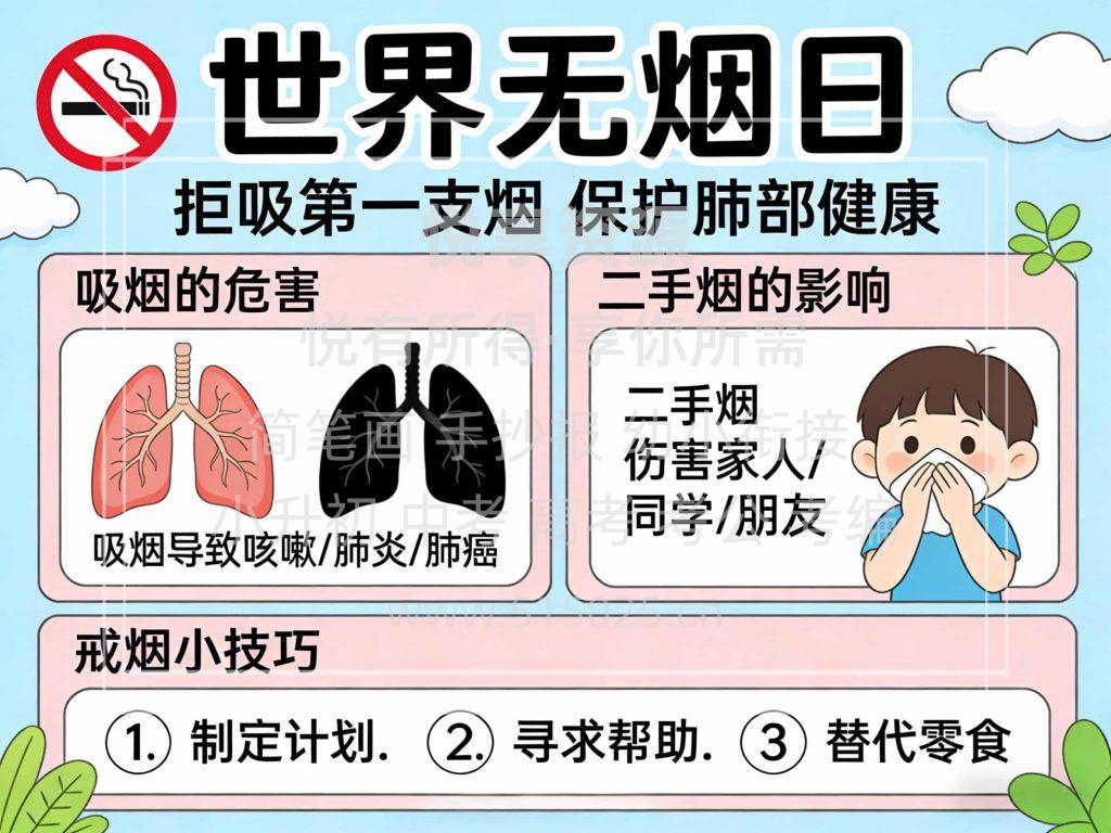 图片[1]-世界无烟日 儿童校园手抄报模板 小学必备 可直接打印