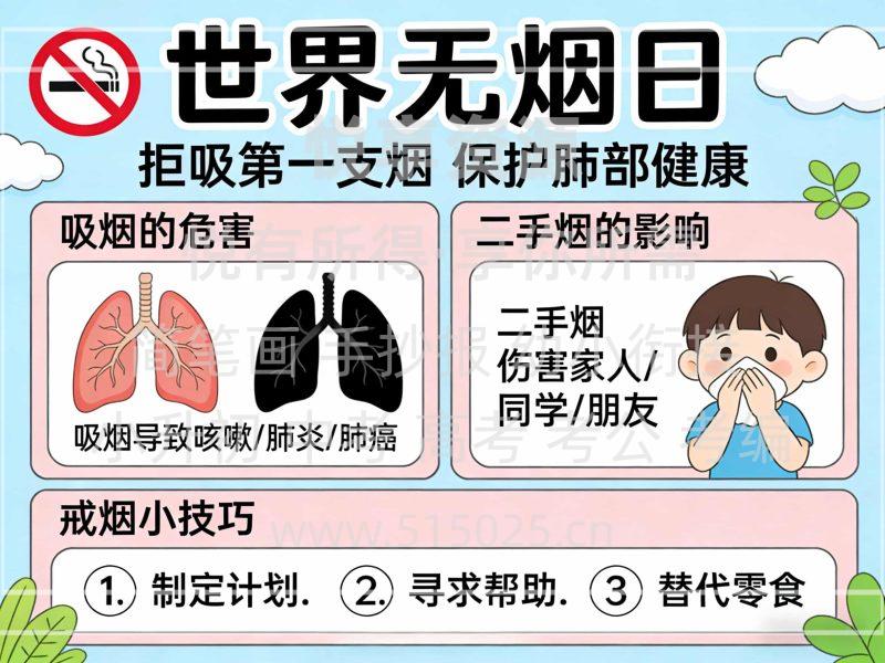 世界无烟日 儿童校园手抄报模板 小学必备 可直接打印-悦享资源