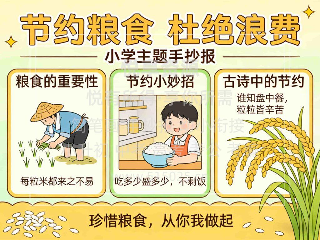 图片[1]-节约粮食 杜绝浪费 儿童校园手抄报模板 小学必备 可直接打印