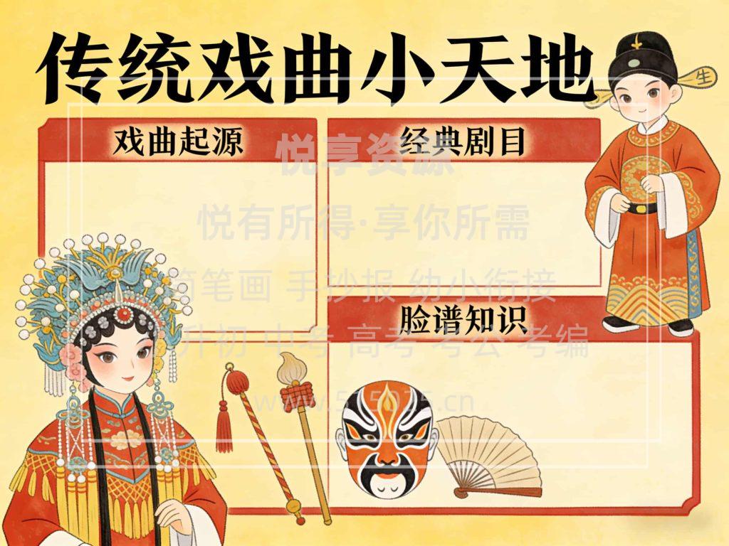图片[1]-传统戏曲小天地 儿童校园手抄报模板 小学必备 可直接打印