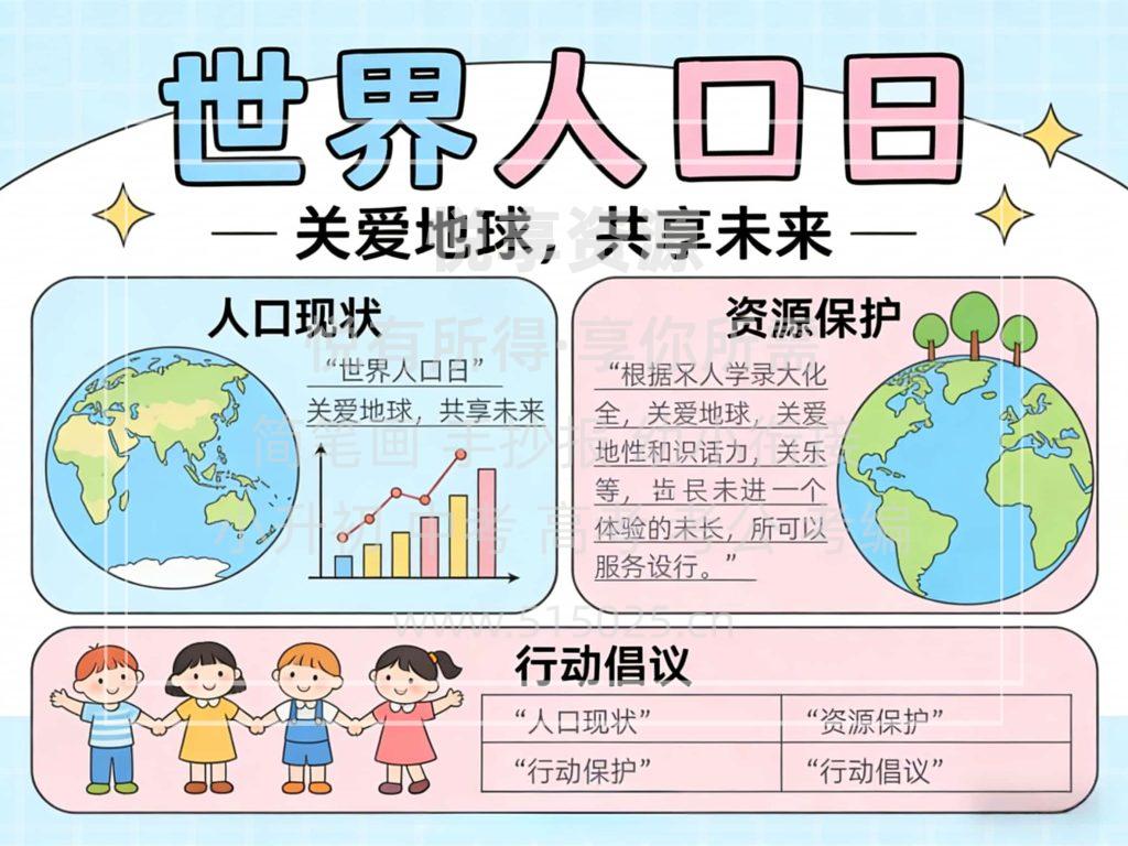 图片[1]-世界人口日 儿童校园手抄报模板 小学必备 可直接打印