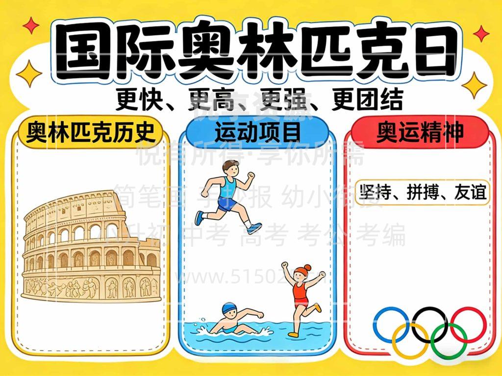 图片[1]-国际奥林匹克日-儿童校园手抄报模板 小学必备 可直接打印