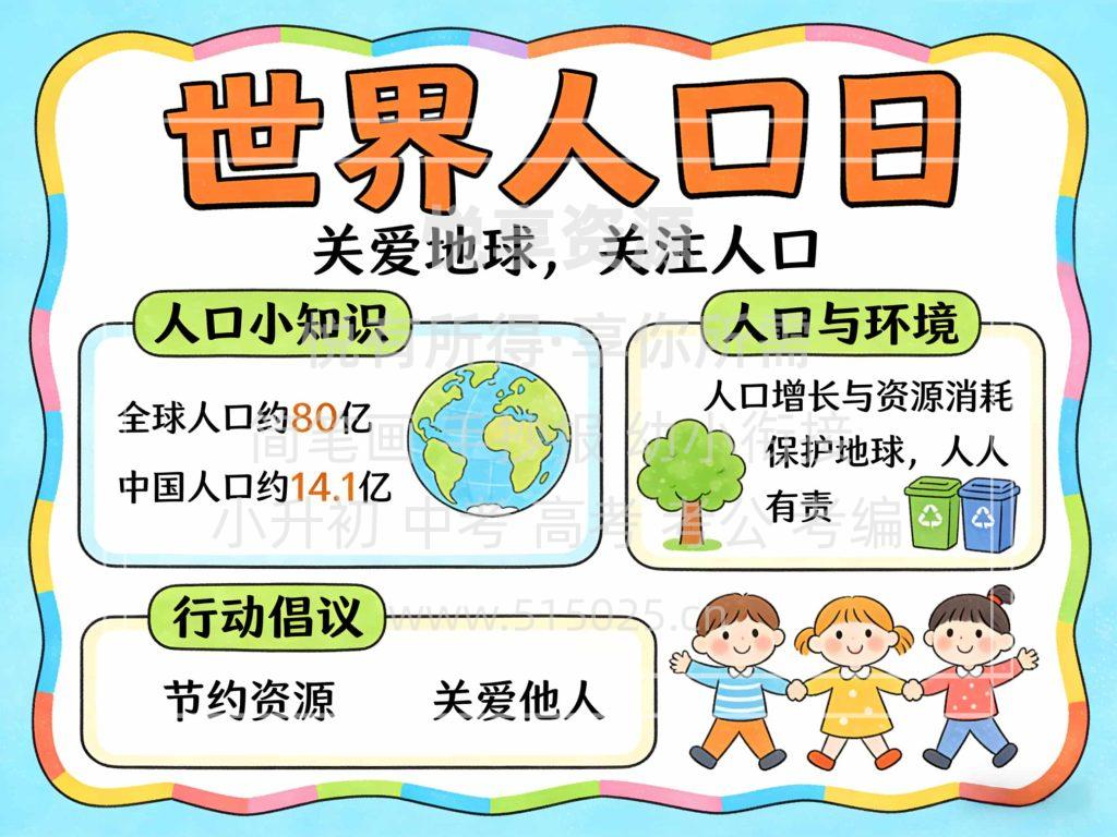 图片[1]-世界人口日 儿童校园手抄报模板 小学必备 可直接打印