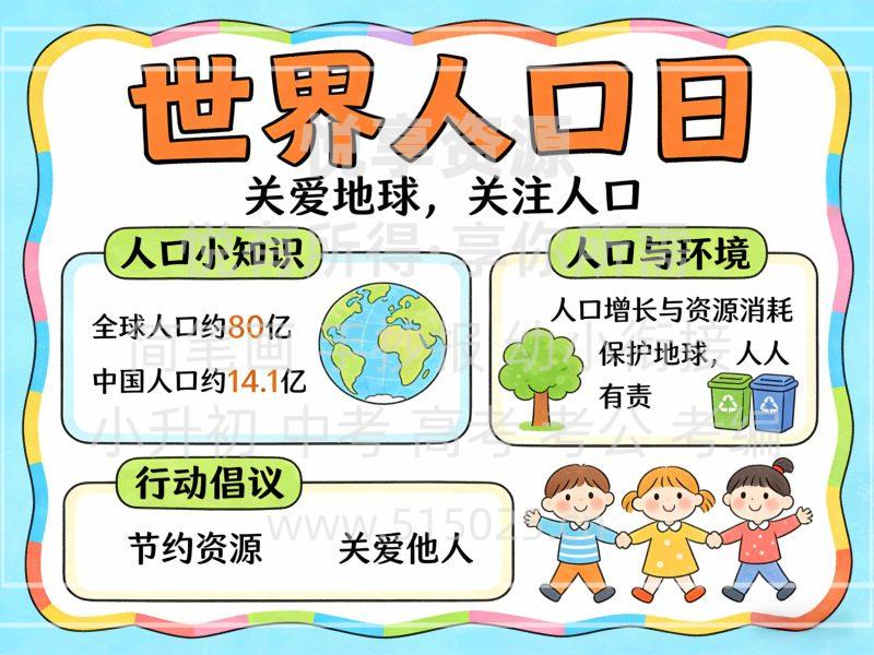 世界人口日 儿童校园手抄报模板 小学必备 可直接打印-悦享资源