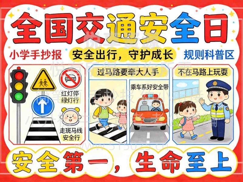 全国交通安全日 儿童校园手抄报模板 小学必备 可直接打印-悦享资源