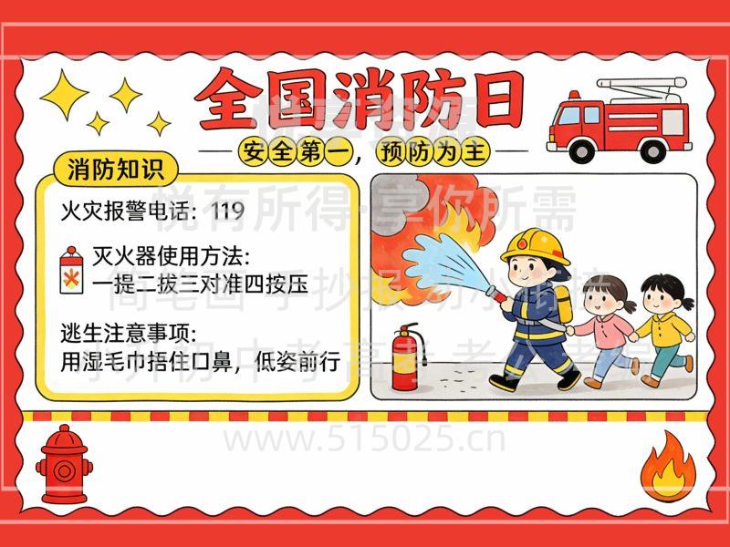 全国消防日 儿童校园手抄报模板 小学必备 可直接打印-悦享资源
