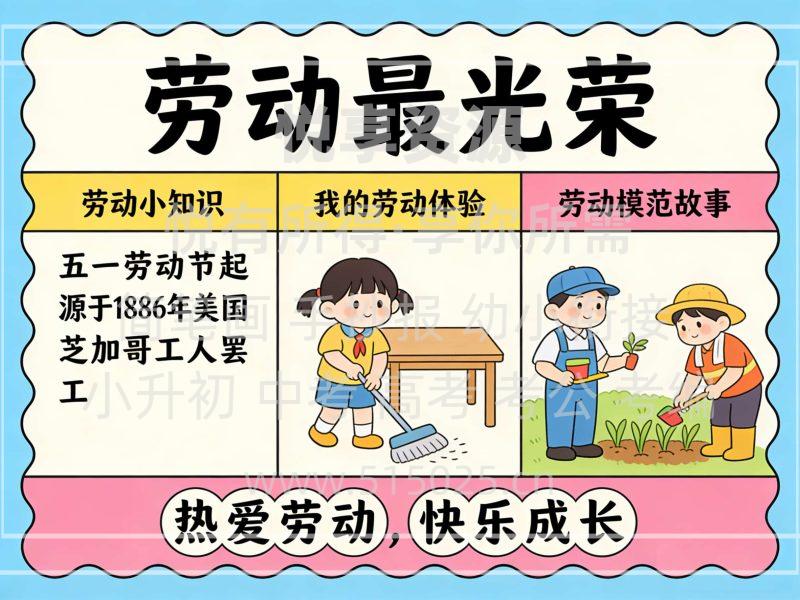 劳动最光荣 五一劳动节- 儿童校园手抄报模板 小学必备 可直接打印-悦享资源