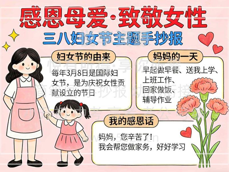 感恩母爱 致敬女性 三八妇女节 儿童校园手抄报模板 小学必备 可直接打印-悦享资源