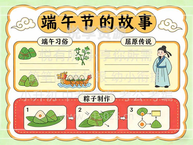 传统节日 端午节的故事 儿童校园手抄报模板 小学必备 可直接打印-悦享资源