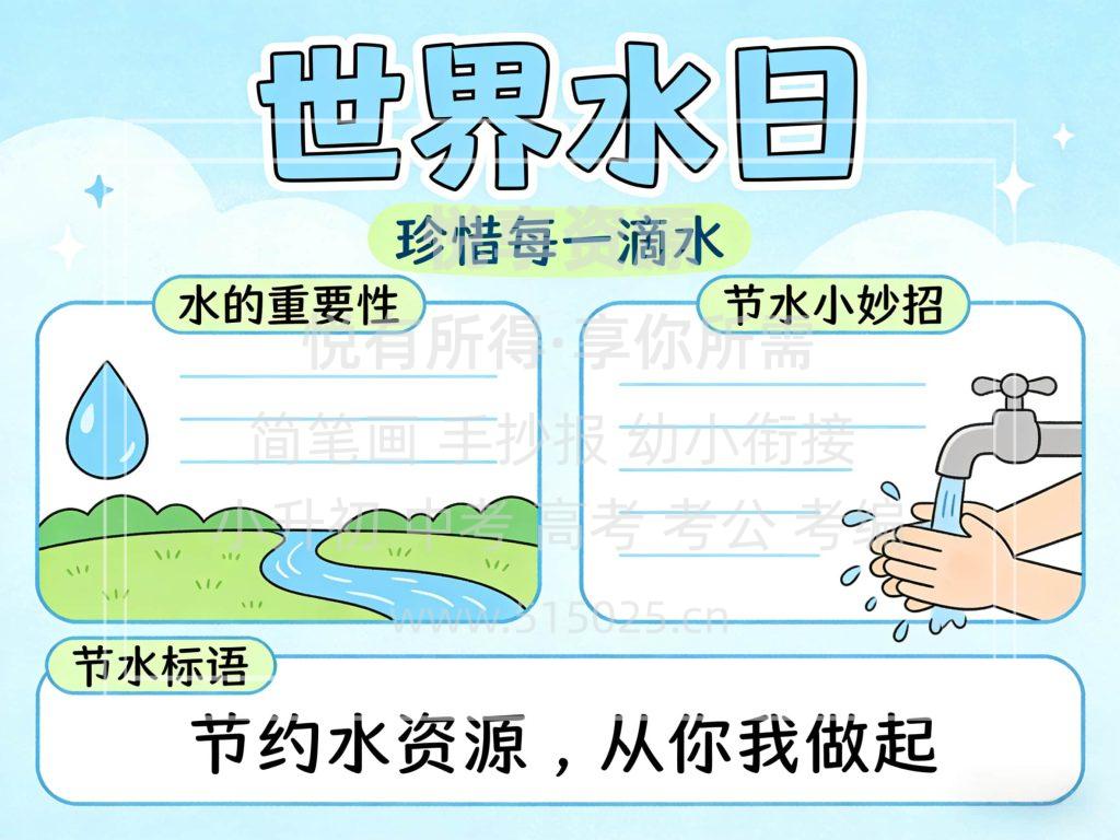 图片[1]-世界水日 儿童校园手抄报模板 小学必备 可直接打印