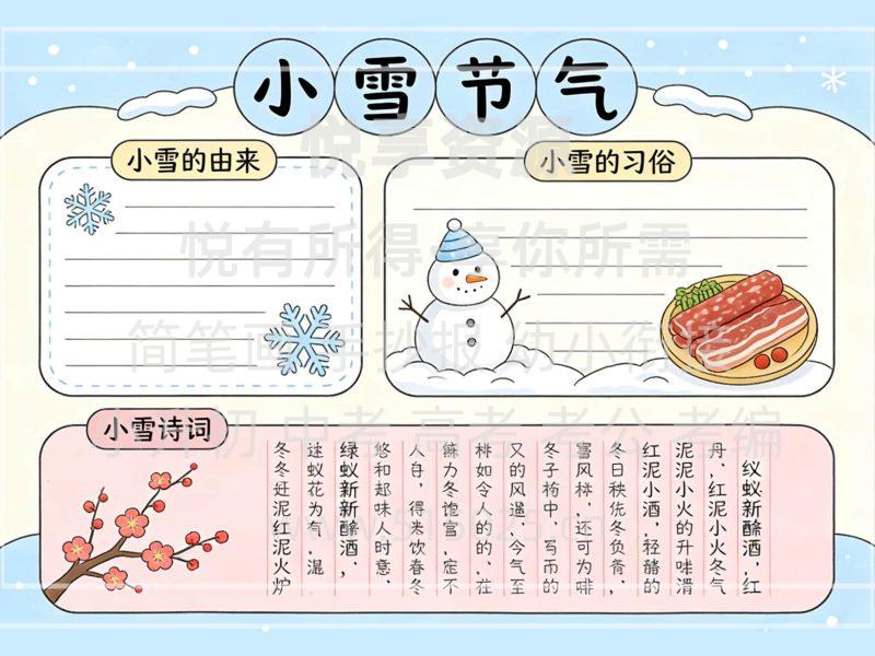 小雪节气 儿童校园手抄报模板 小学必备 可直接打印-悦享资源