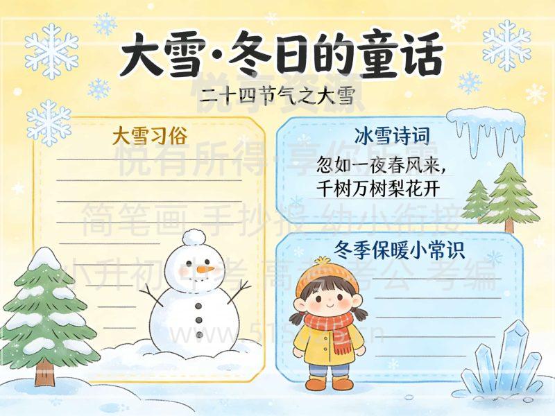 节气主题 大雪 冬日的童话 儿童校园手抄报模板 小学必备 可直接打印