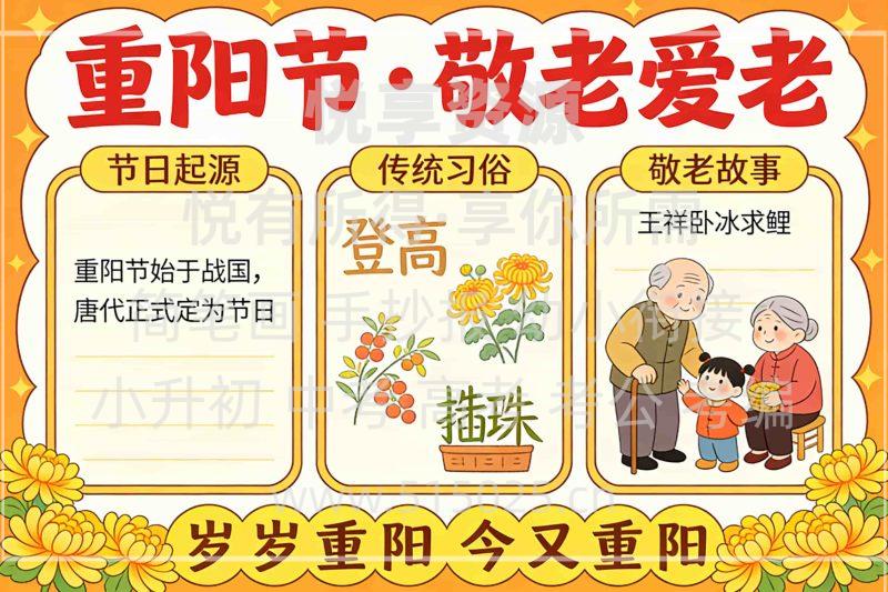 重阳节 敬老爱老 儿童校园手抄报模板 小学必备 可直接打印-悦享资源