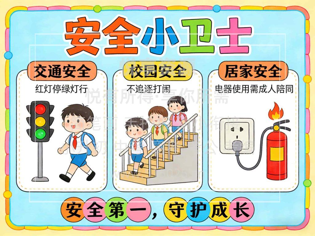 图片[1]-安全小卫士 儿童校园手抄报模板 小学必备 可直接打印